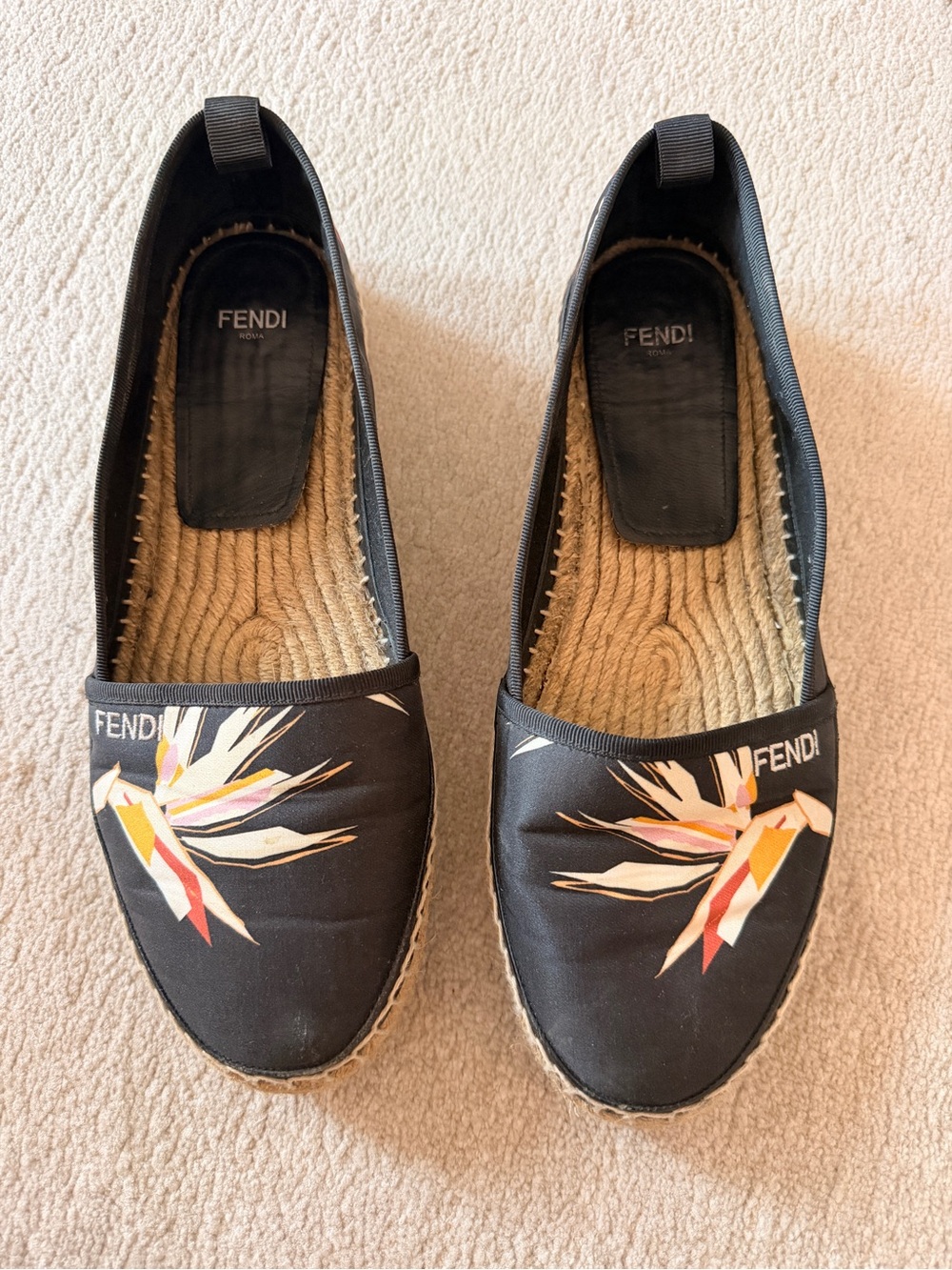 Fendi Black Satin Floral Print Espadrilles
